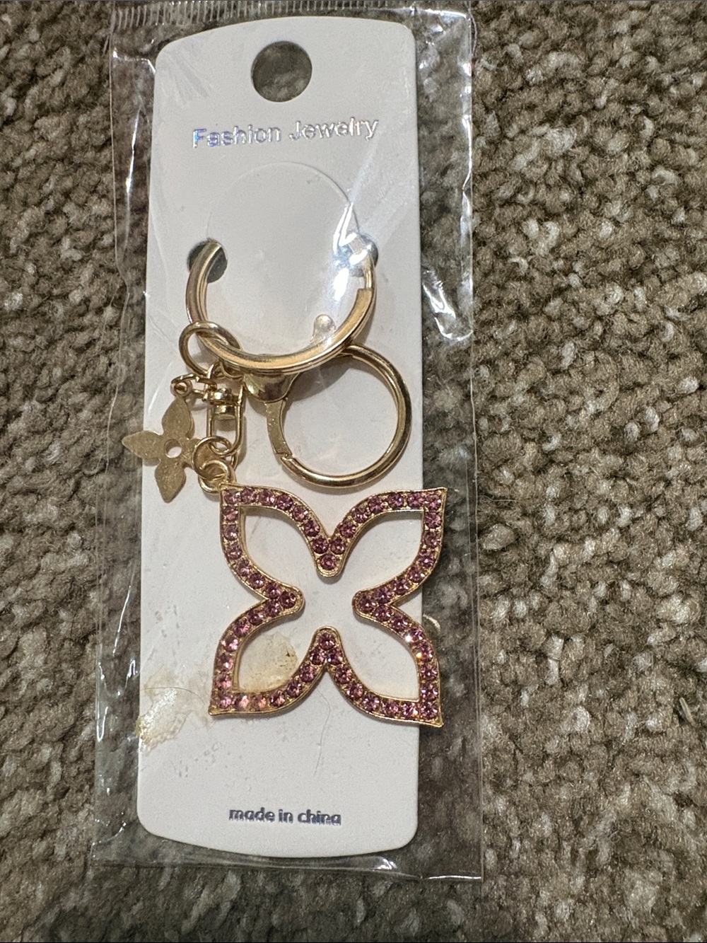 Fashion Jewelry Gold-Tone Keyring with Pink Crystal Butterfly Accent